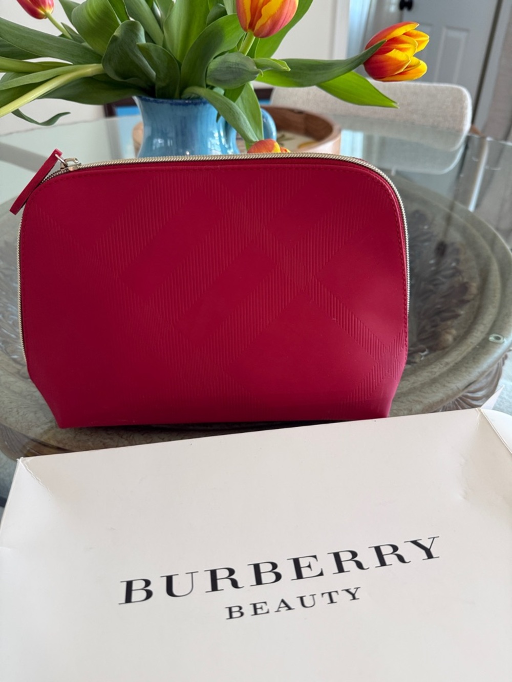 NEW* Burberry red  Embossed Zip Cosmetic makeup Pouch